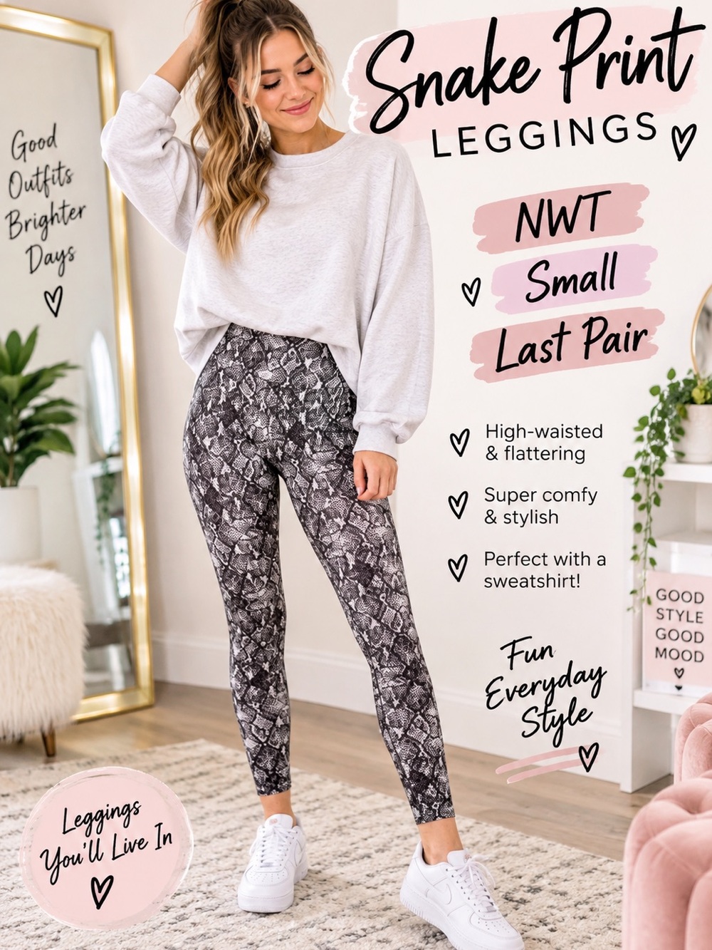 Snake Print High-Waisted Leggings - Gray